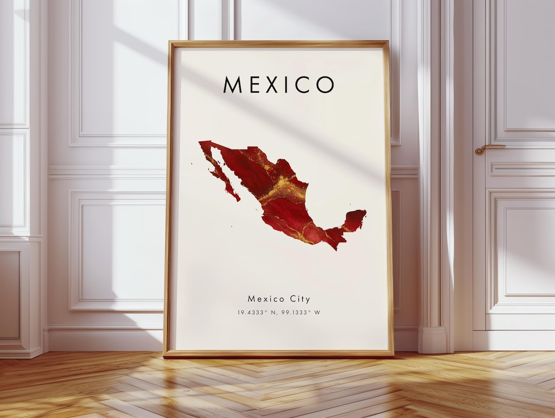 Mexico Watercolor Map Poster Red Gold Marble Style Mexico City Coordinates Art