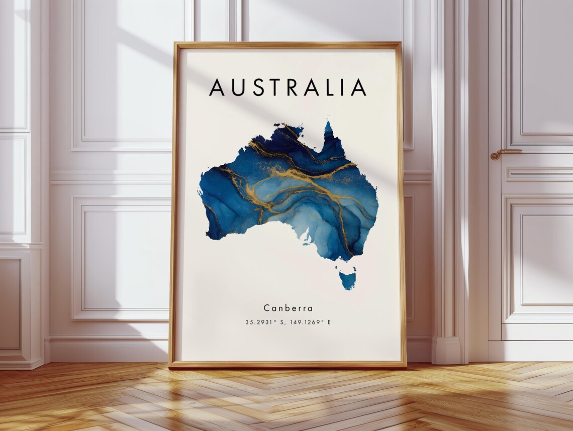 Australia Map Poster, Blue and Gold Oceania Travel Poster