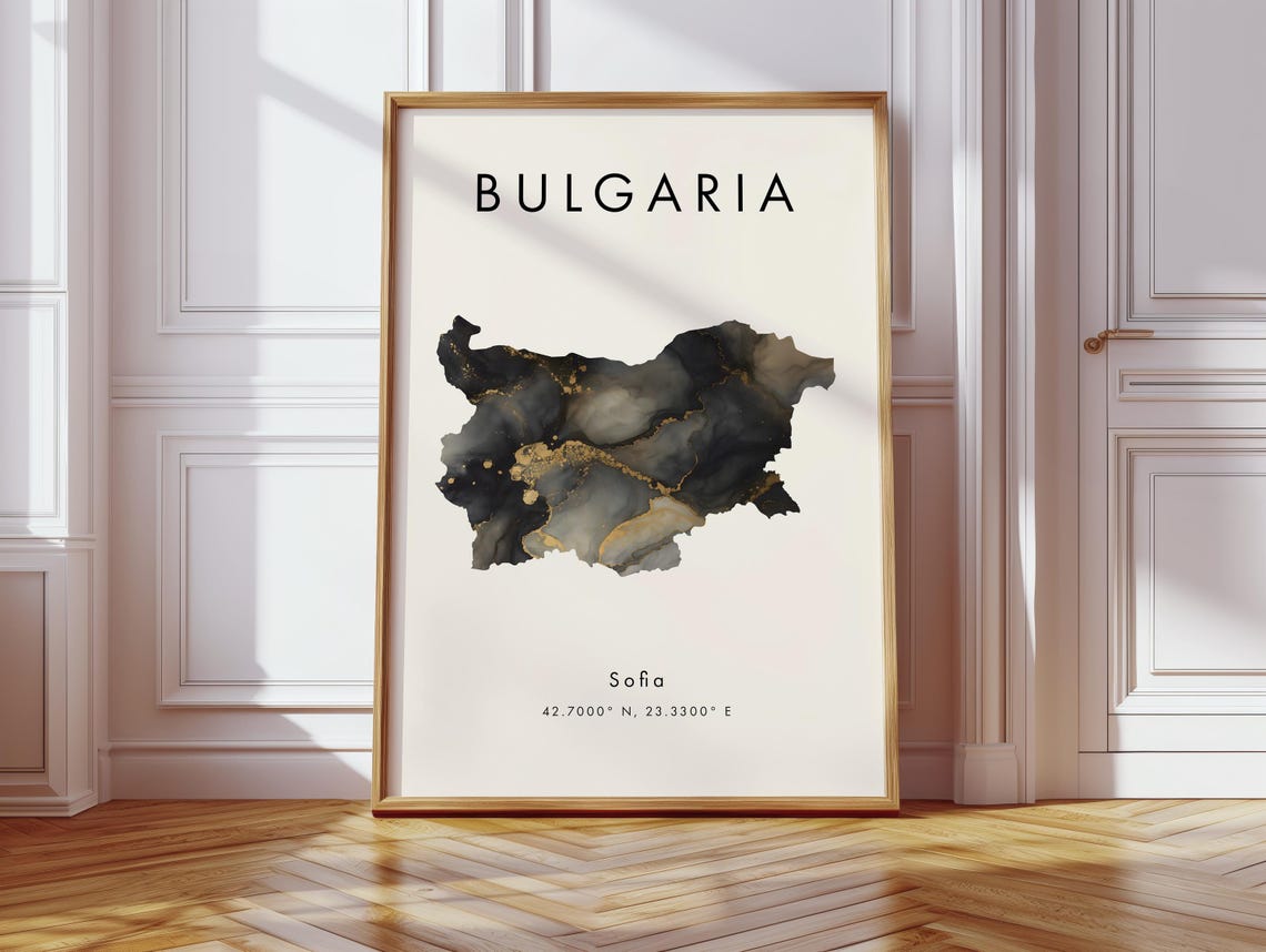 Bulgaria Map Black and Gold Watercolor Sofia Capital Art Poster