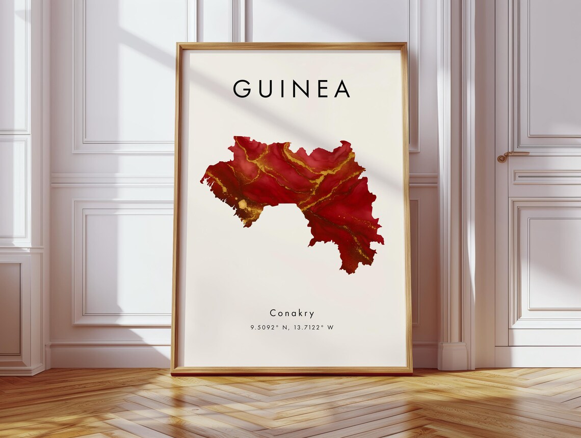 Guinea Map Poster Red And Gold Africa Wall Art Print Home Decor Geography Gift Wallpaper