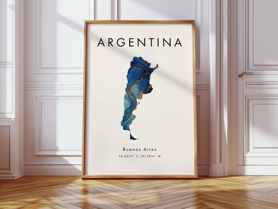 Argentina Map Poster Blue And Gold South America Wall Art Print Home Decor Geography Gift Wallpaper
