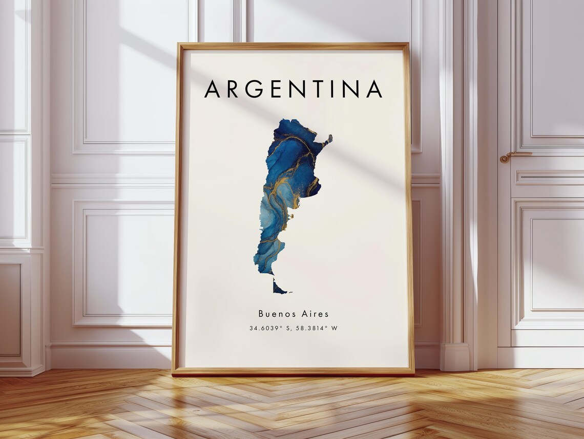 Argentina Country Map Blue Gold Marble Buenos Aires Coordinates Travel Poster