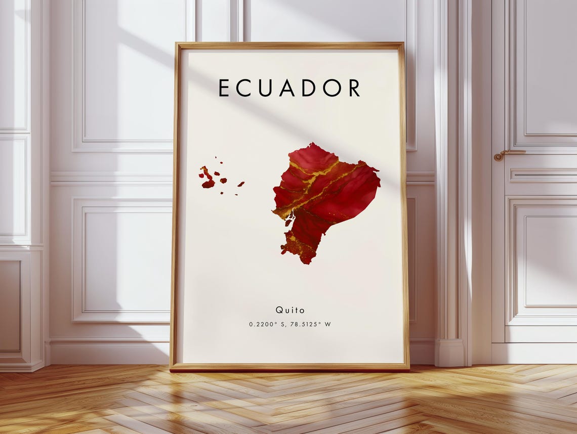 Ecuador Quito Map Red Gold Marble Watercolour Travel Art Poster