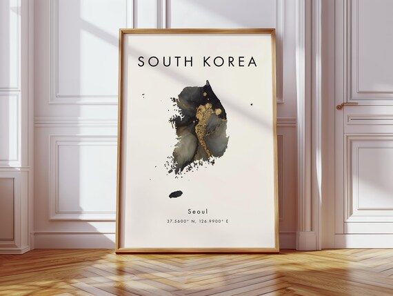 South Korea Map Poster Black And Gold Asia Wall Art Print Home Decor Geography Gift Wallpaper