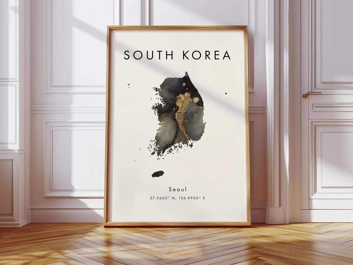 South Korea Black Gold Watercolor Country Map Poster Seoul Art