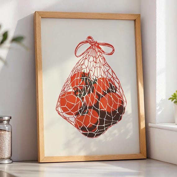 Retro Tomato Wall Art Minimalist Fruit Print In Mesh Bag Vintage Kitchen Poster Scandinavian Decor Red Produce Artwork