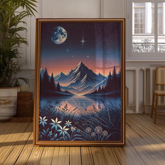 Moonlit Mountain Lake Night Sky Wildflower Dreamy Landscape Poster