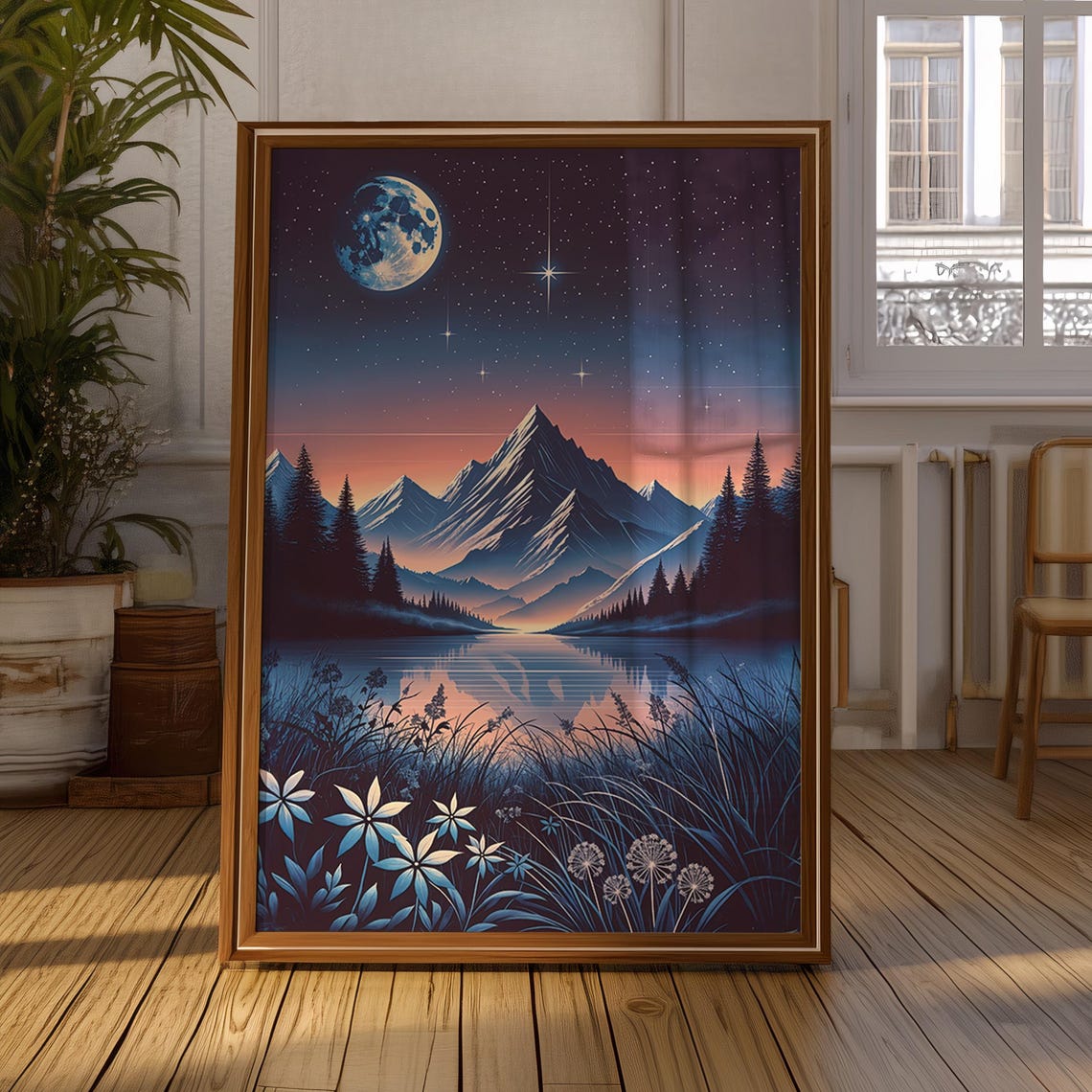 Moonlit Mountain Lake Night Sky Wildflower Dreamy Landscape Poster