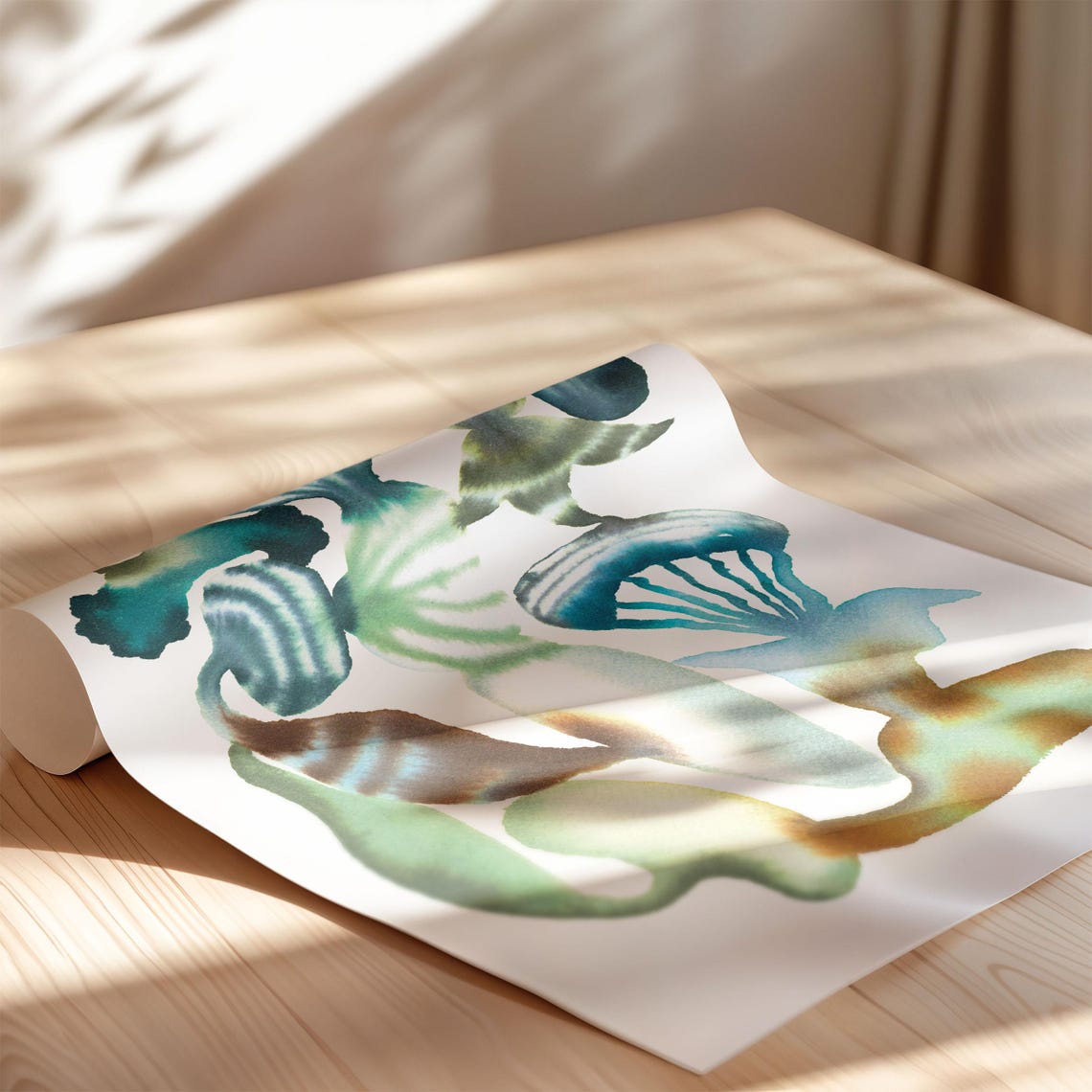 Teal Rust Botanical Watercolor Shell Forms Abstract Art Poster - Image 2