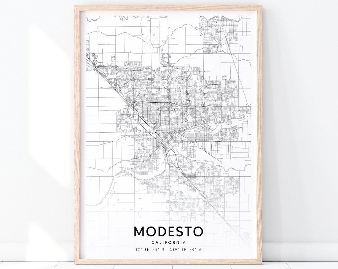 Modesto Map Print, Black White Modern Art Poster