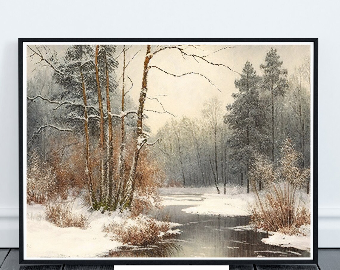 Snowy Winter Forest River Impressionist Cold Landscape Wall Poster - Image 4