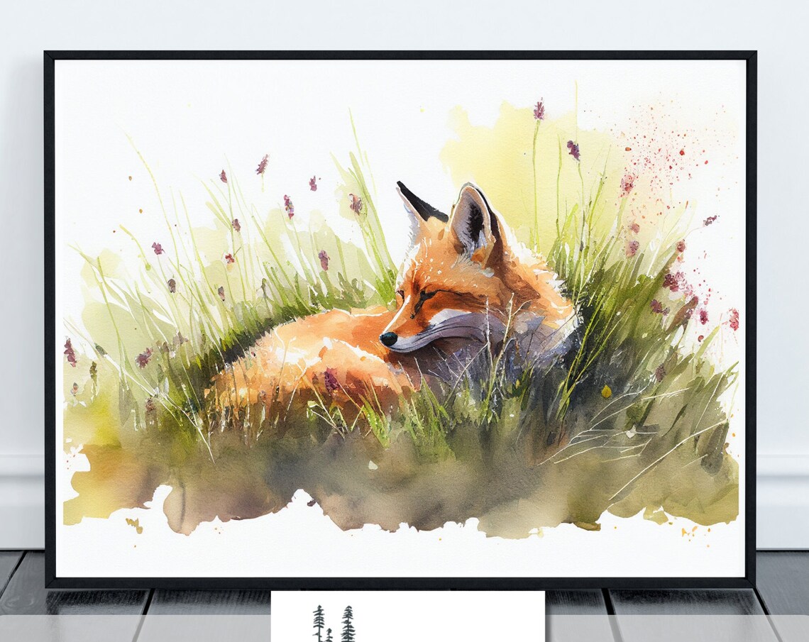 Sleeping Fox In Meadow Watercolor Painting Woodland Animal Nursery Print