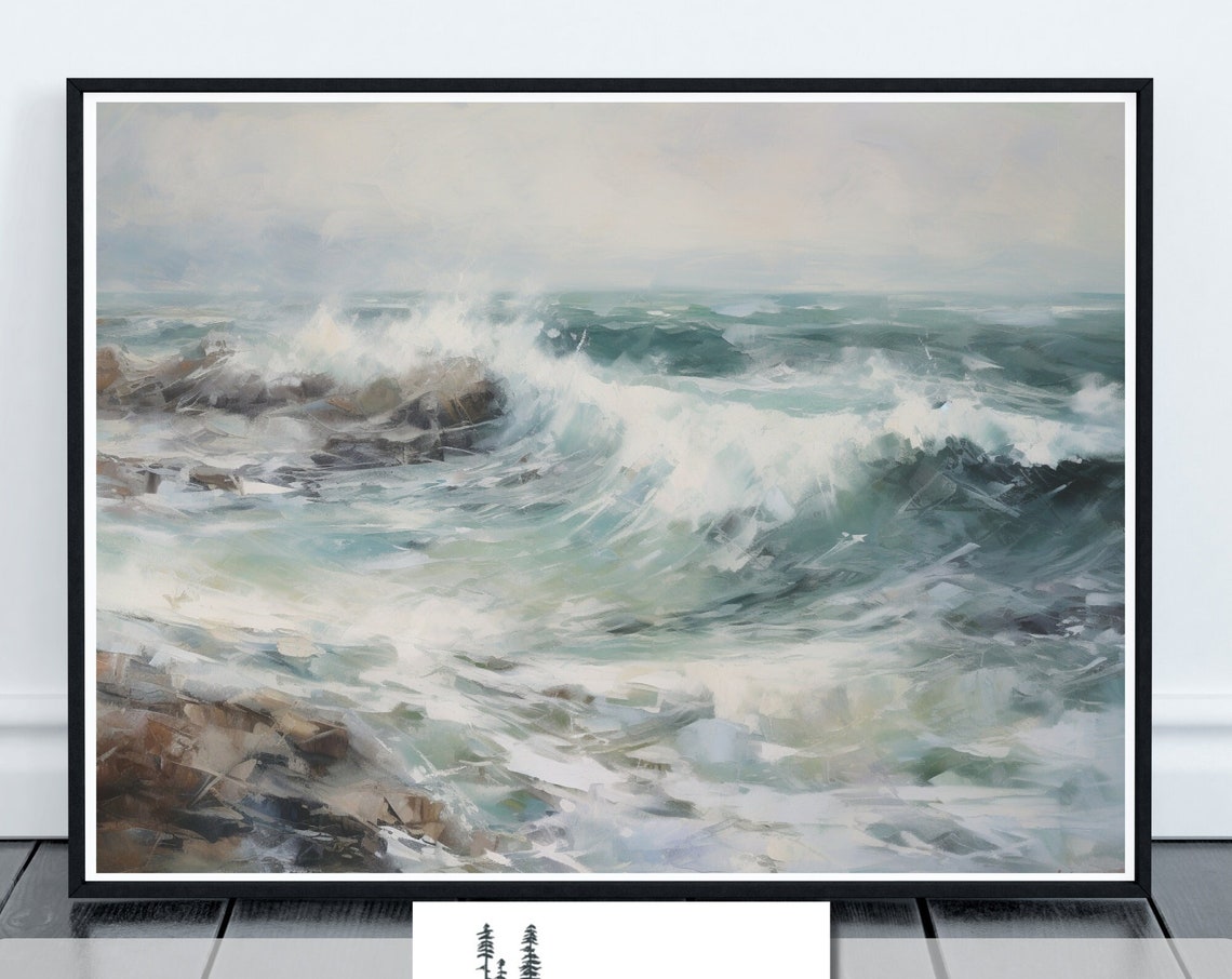 Crashing Ocean Waves On Rocky Shore Abstract Seascape Art Poster