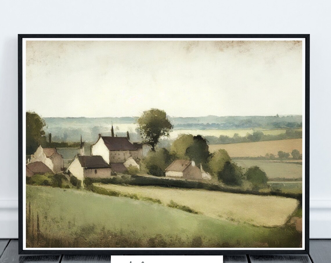 European Countryside Village Rolling Hills Watercolor Art Poster