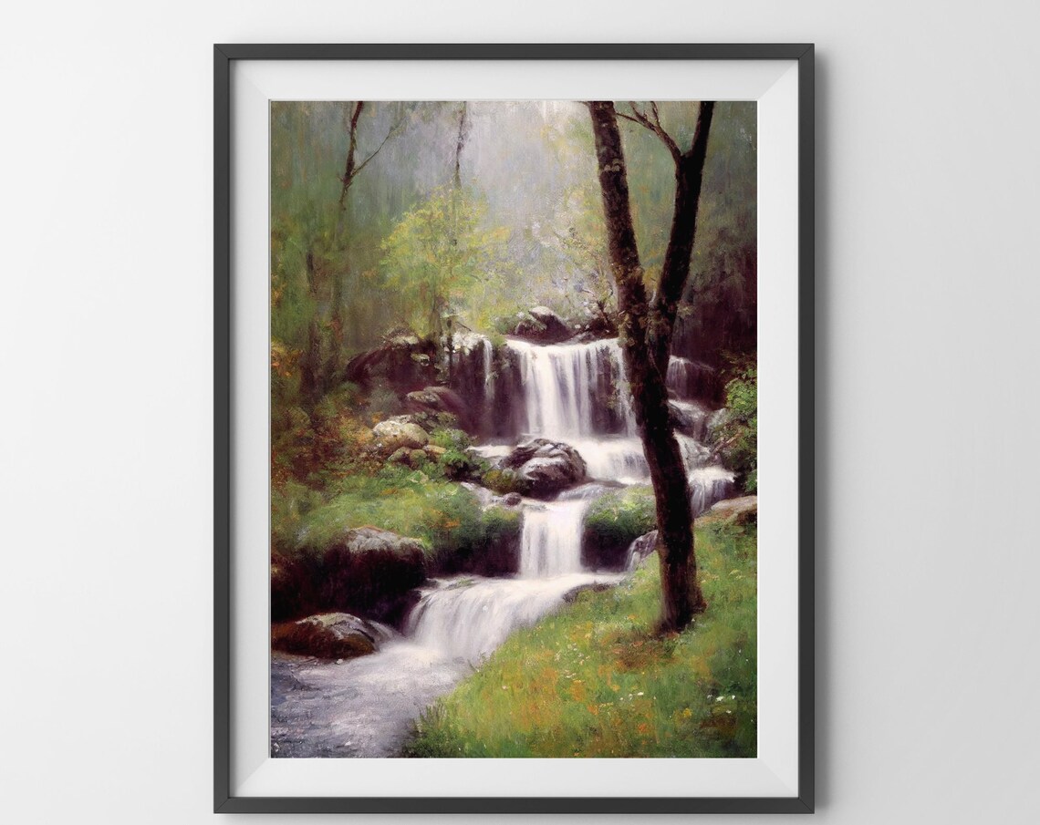 Spring Forest Waterfall Landscape, Impressionist Painting