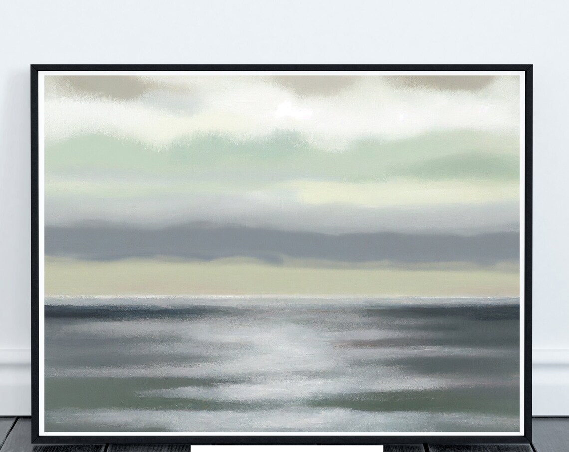Minimal Abstract Ocean Horizon Sage Green Coastal Art Poster