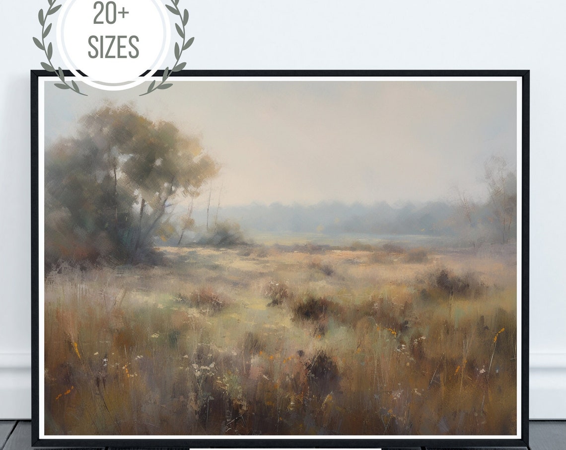 Grassy Meadow With Lone Tree Hazy Sky Impressionist Field Art Poster - Image 4