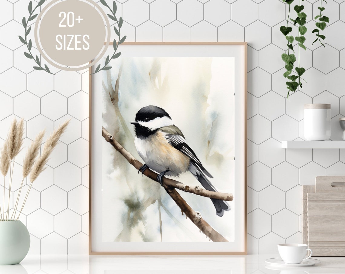 Chickadee On Winter Branch Soft Watercolor Songbird Art Poster - Image 4