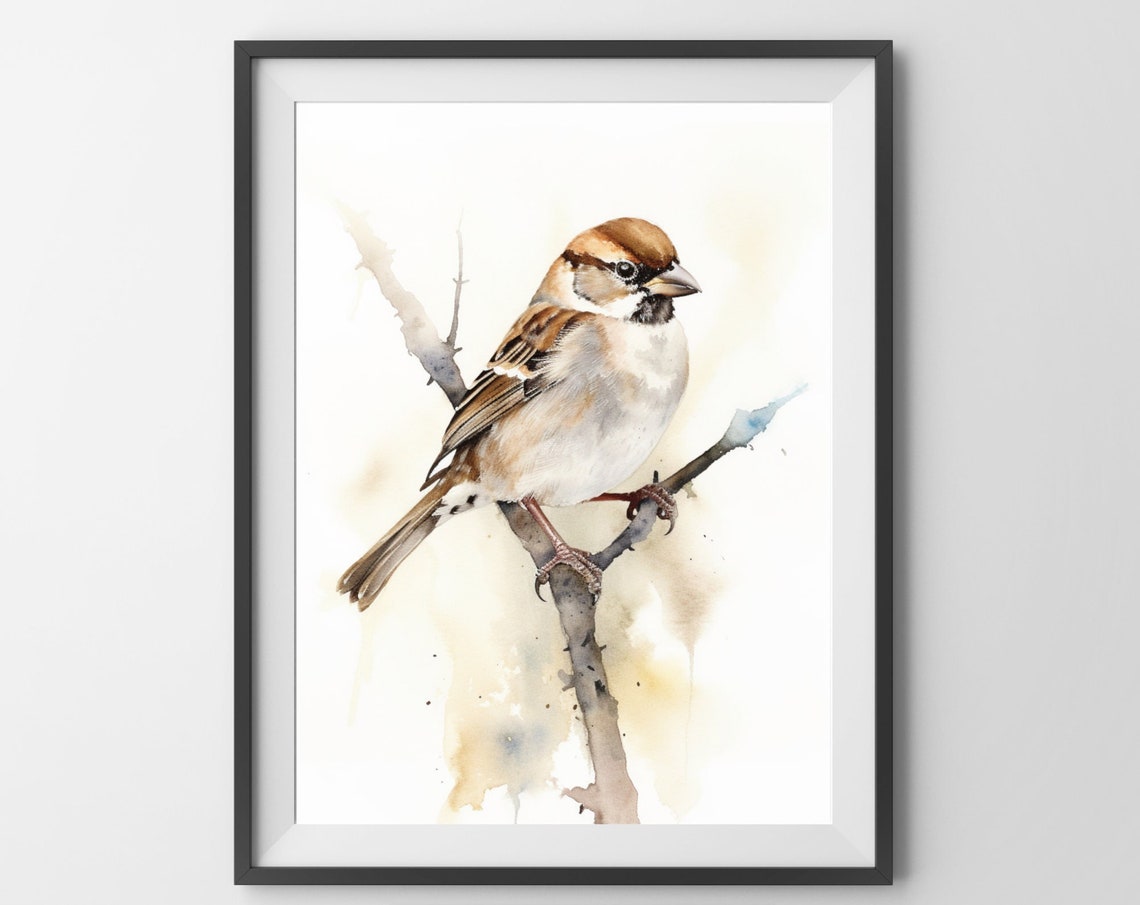 Watercolor Sparrow Perched On Branch Minimalist Bird Painting Poster - Image 4