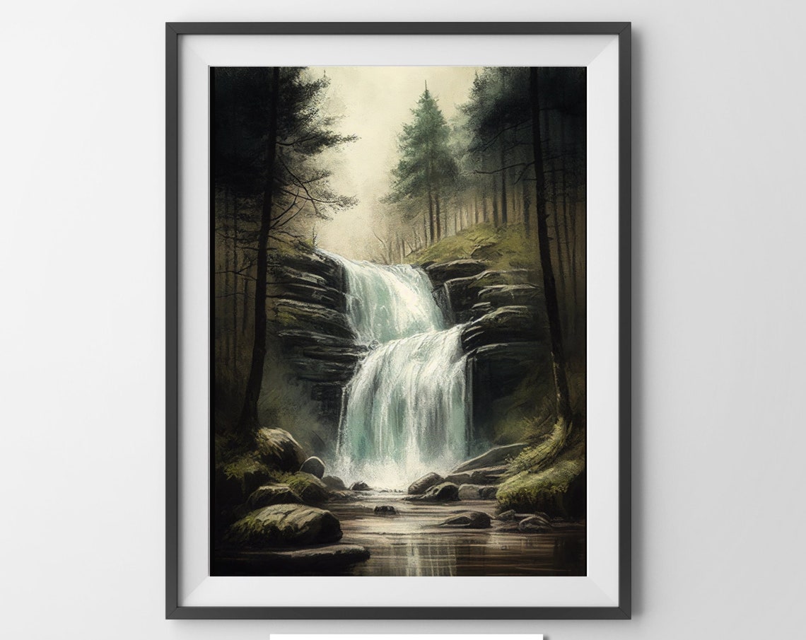 Moody Forest Waterfall Dark Pines Cascading Falls Art Poster