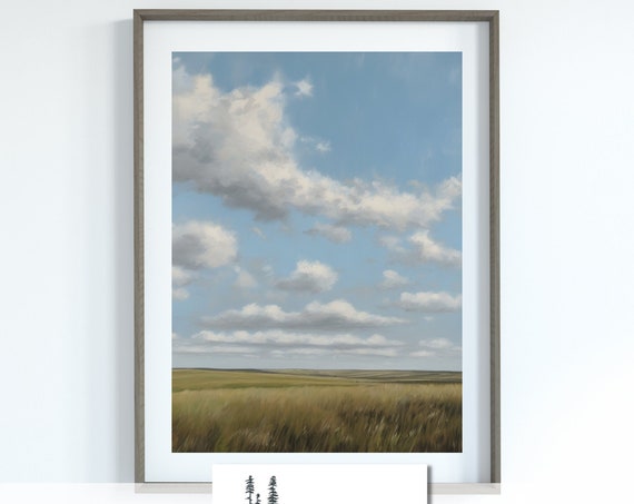 Clouds Over Prairie Meadow Landscape Painting Wall Art Western Decor Instant Nature Art For Home
