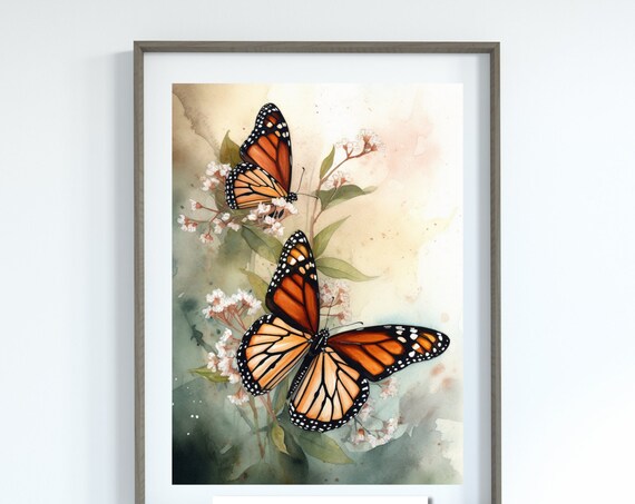 Two Monarch Butterflies With Blossoms Watercolor Nature Art Poster