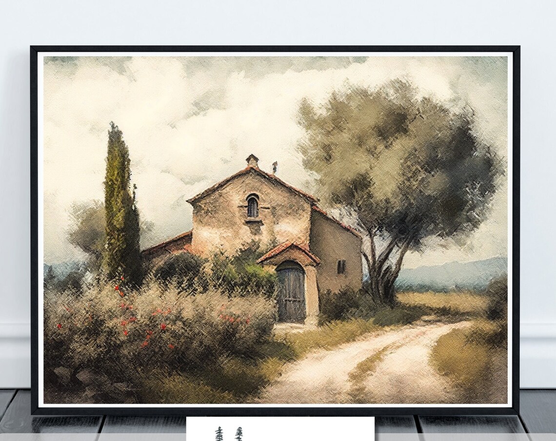 Rustic Tuscan Farmhouse Watercolor Italian Countryside Wall Art