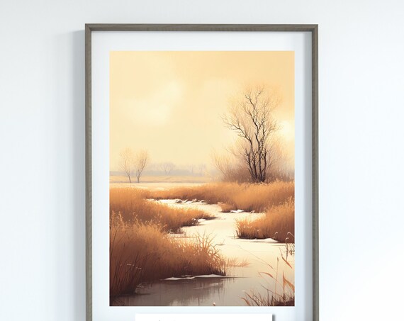 Golden Creek Winding Through Prairie Grass Warm Sunset Landscape Painting Poster