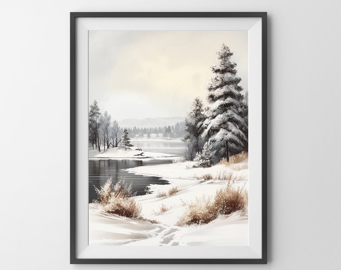 Snowy River Bank Winter Pine Landscape Frozen Water Scene Poster - Image 4