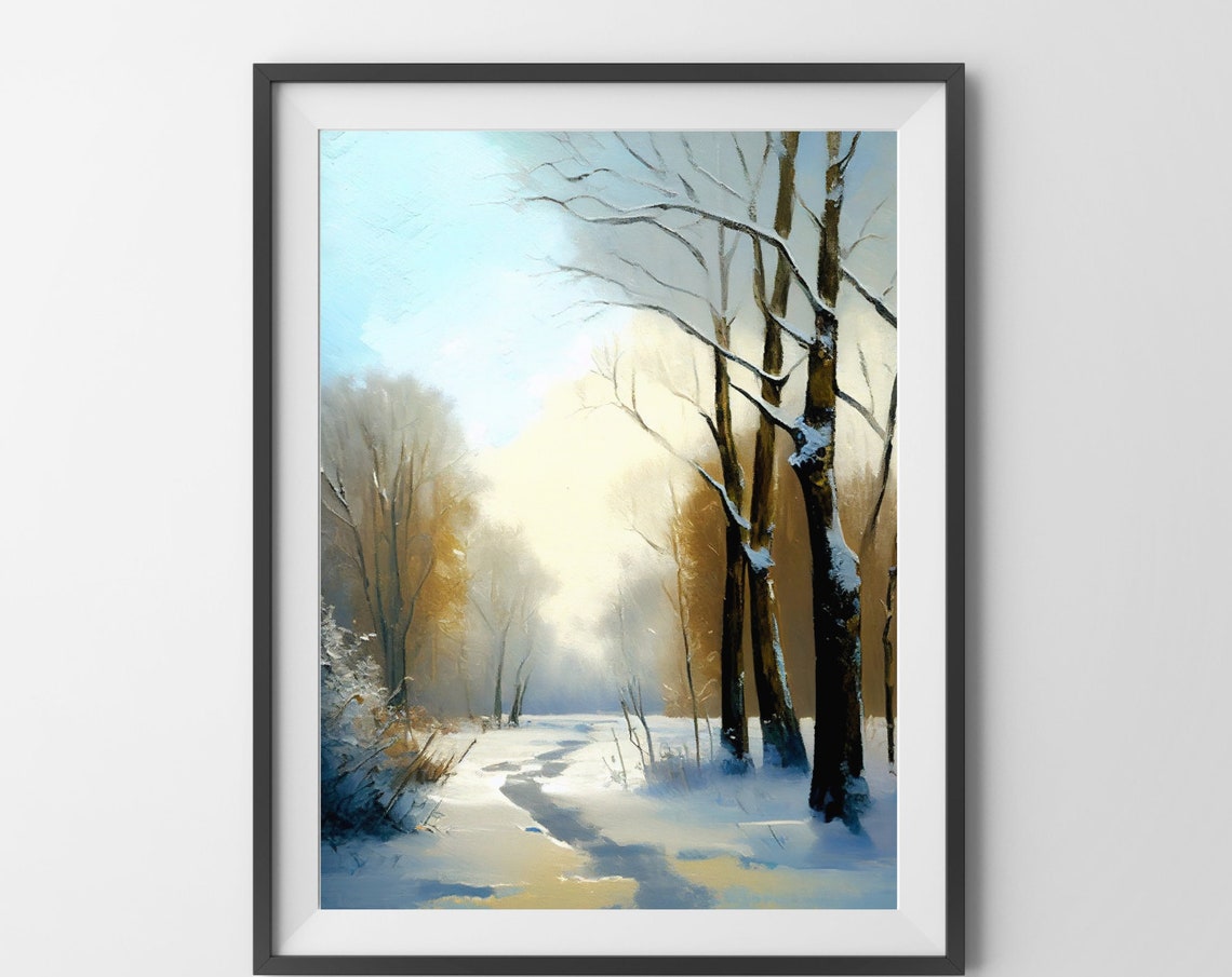 Snowy Winter Forest Path Sunlit Trees Oil Painting Art Poster