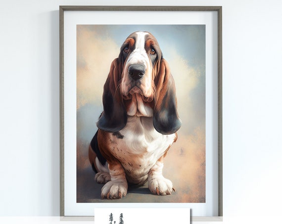 Basset Hound Painted Pet Portrait Art Vintage Wall Decor Dog Lover Home Decor Instant Cute Animal Artwork