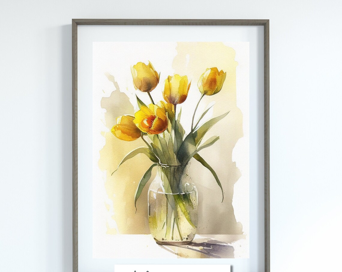 Yellow Tulips Glass Vase Watercolor Sunny Floral Bouquet Wall Poster - Image 4