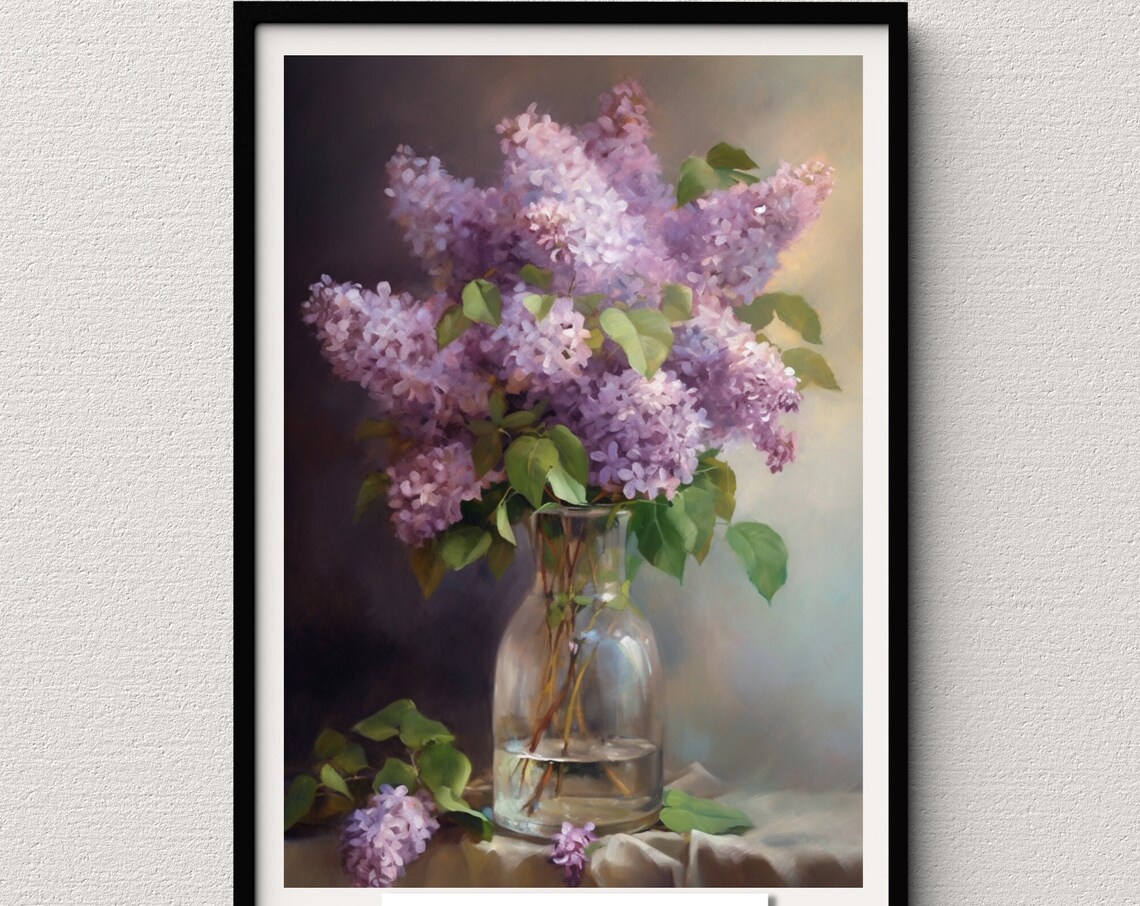 Lilacs In Glass Vase Oil Painting Purple Floral Still Life Decor Print - Image 4