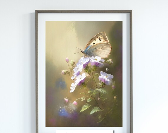 Butterfly On Wildflowers Soft Painted Floral Nature Art Poster