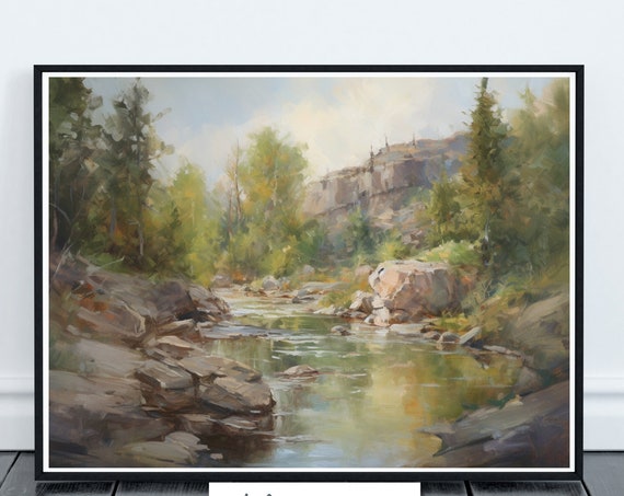 Mountain Creek Impressionist Landscape Painting Art Woodland Nature Home Decor Artwork Western Countryside