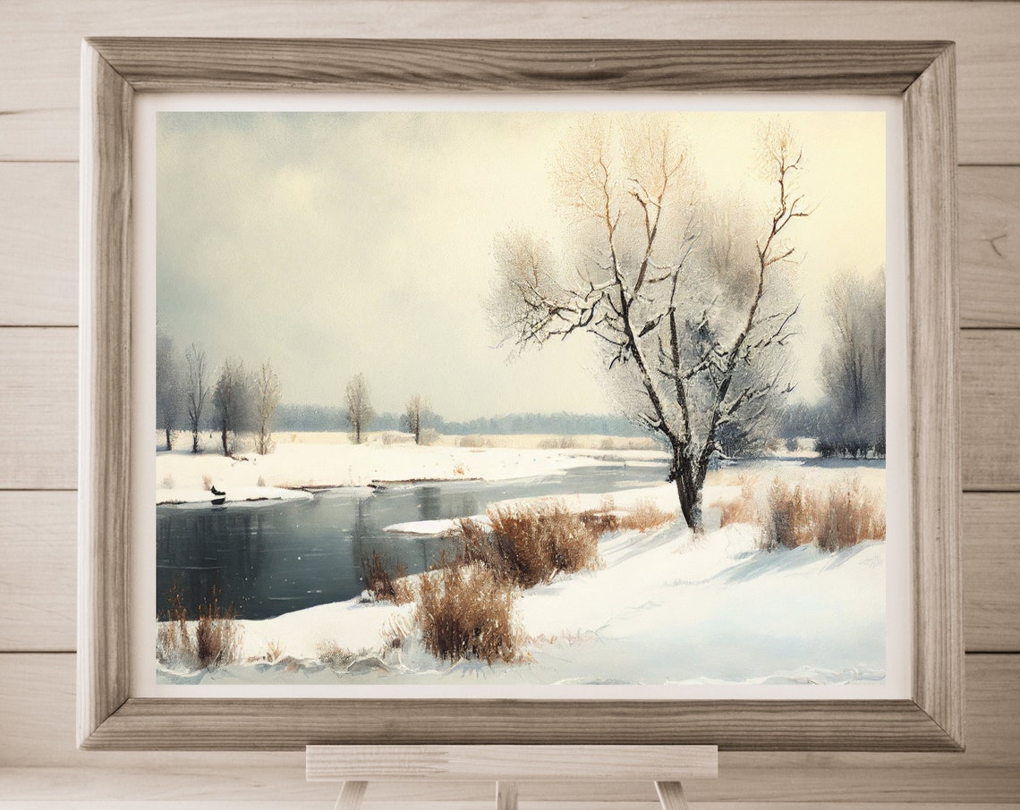 Snowy Winter River Landscape Frozen Stream Bare Trees Art Poster - Image 4