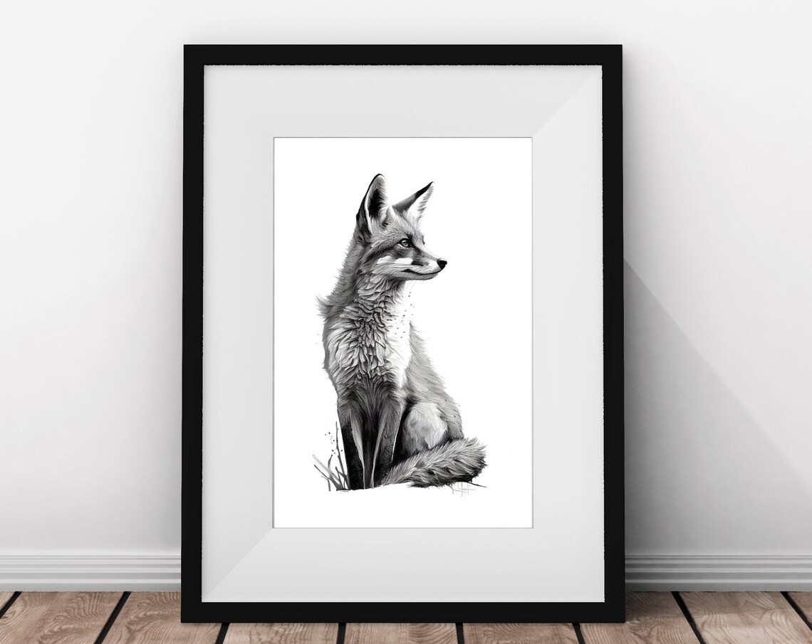 Red Fox Black White Pencil Sketch Wildlife Portrait Art Poster