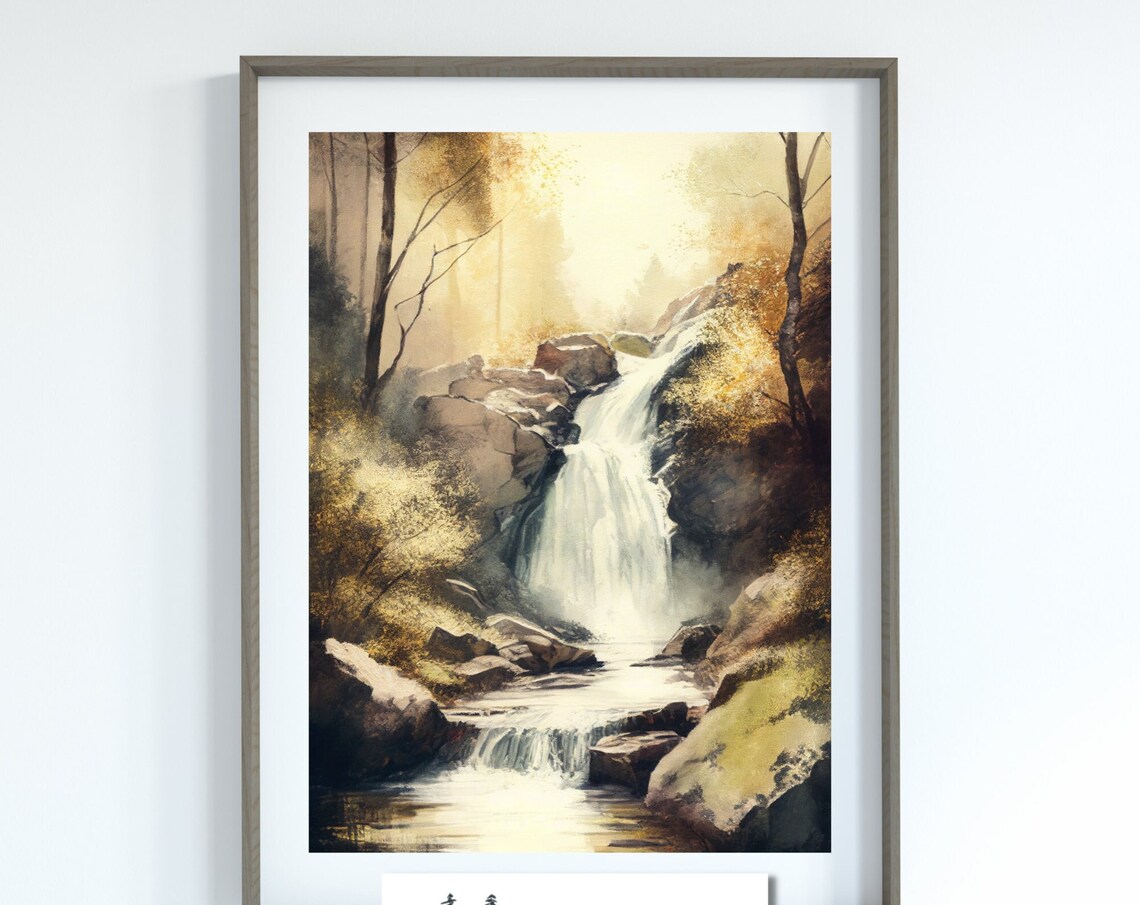 Forest Waterfall Watercolor Painting Rocky Stream Nature Poster