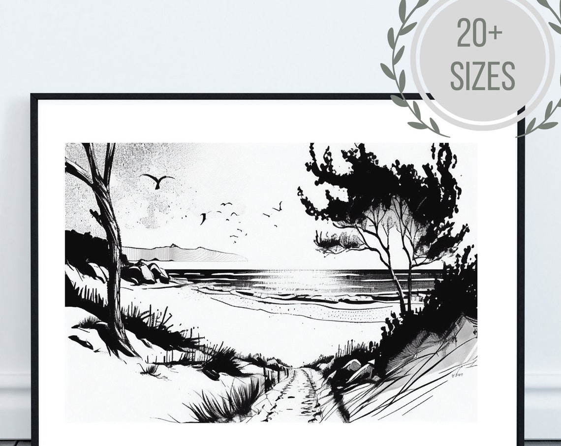 Black White Beach Path Ink Sketch Coastal Dunes Drawing Poster - Image 2