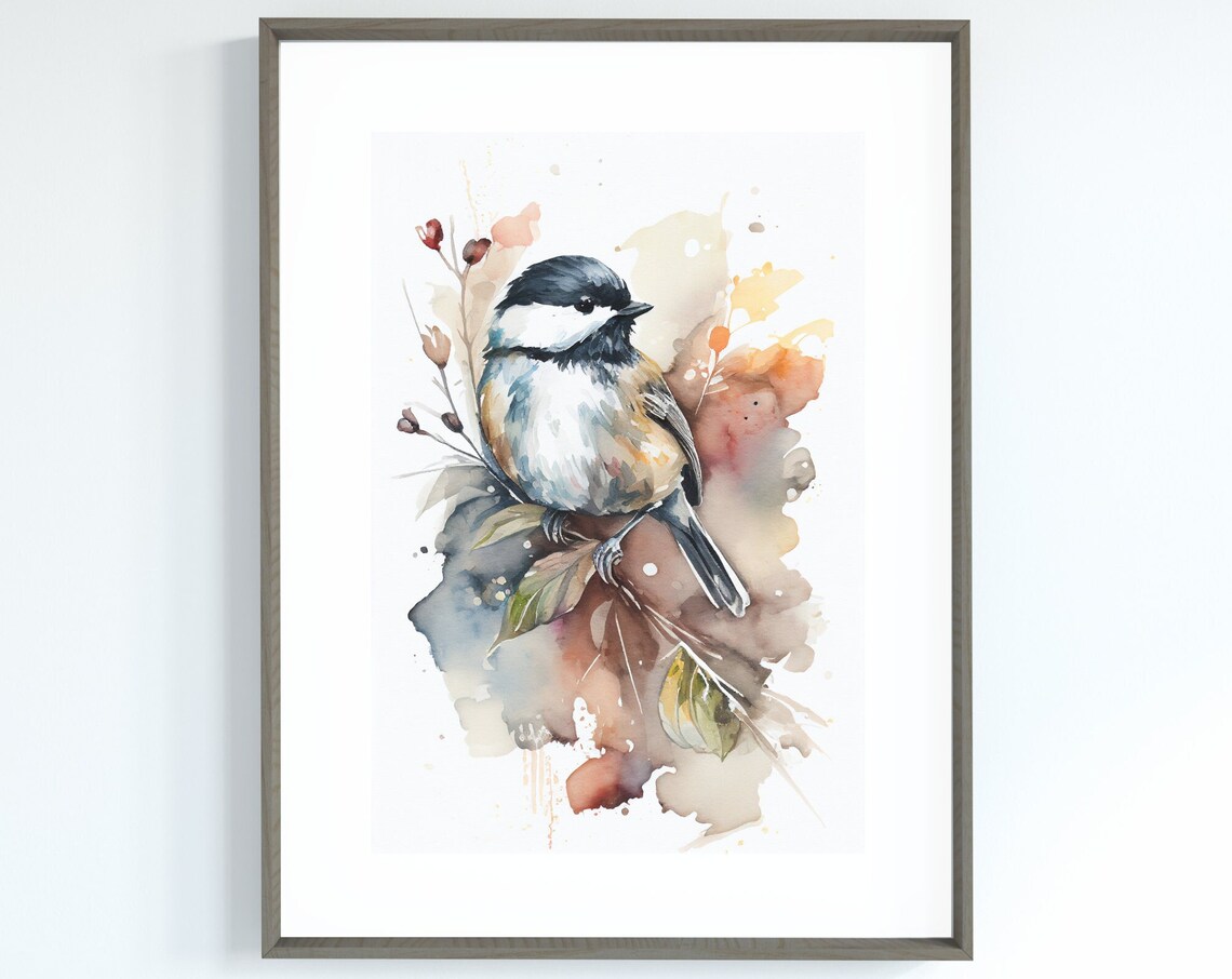 Black Capped Chickadee Autumn Watercolor Bird Art Nature Poster