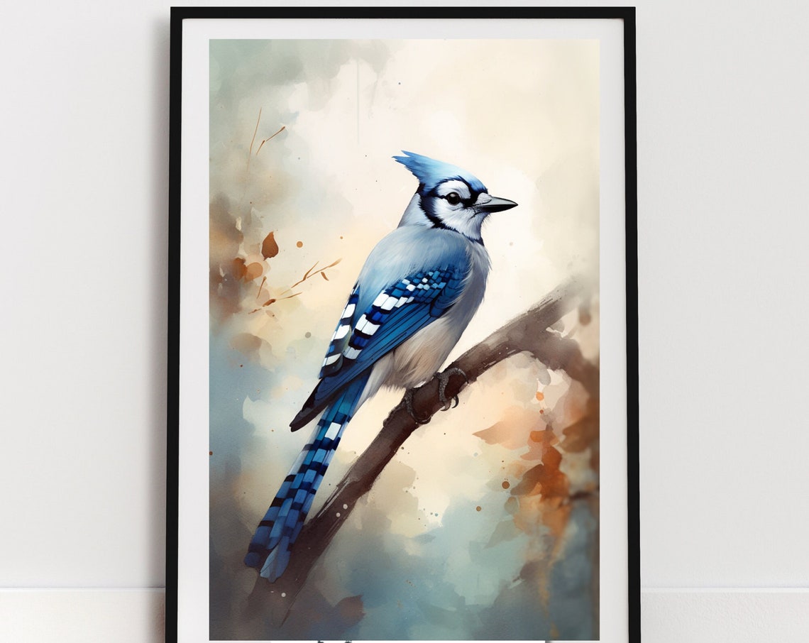 Blue Jay Perched On Branch Watercolor Songbird Painting Art Poster - Image 4
