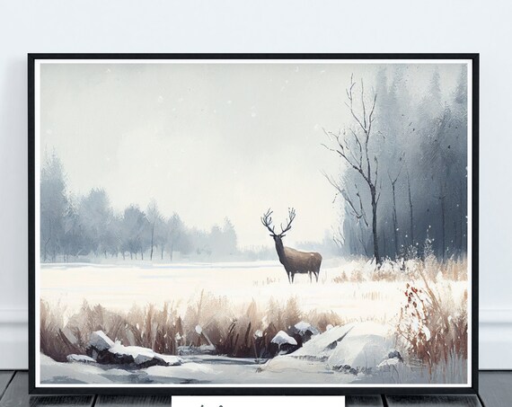 Deer in Snowy Meadow Winter Wildlife Landscape Impressionist Painting Poster