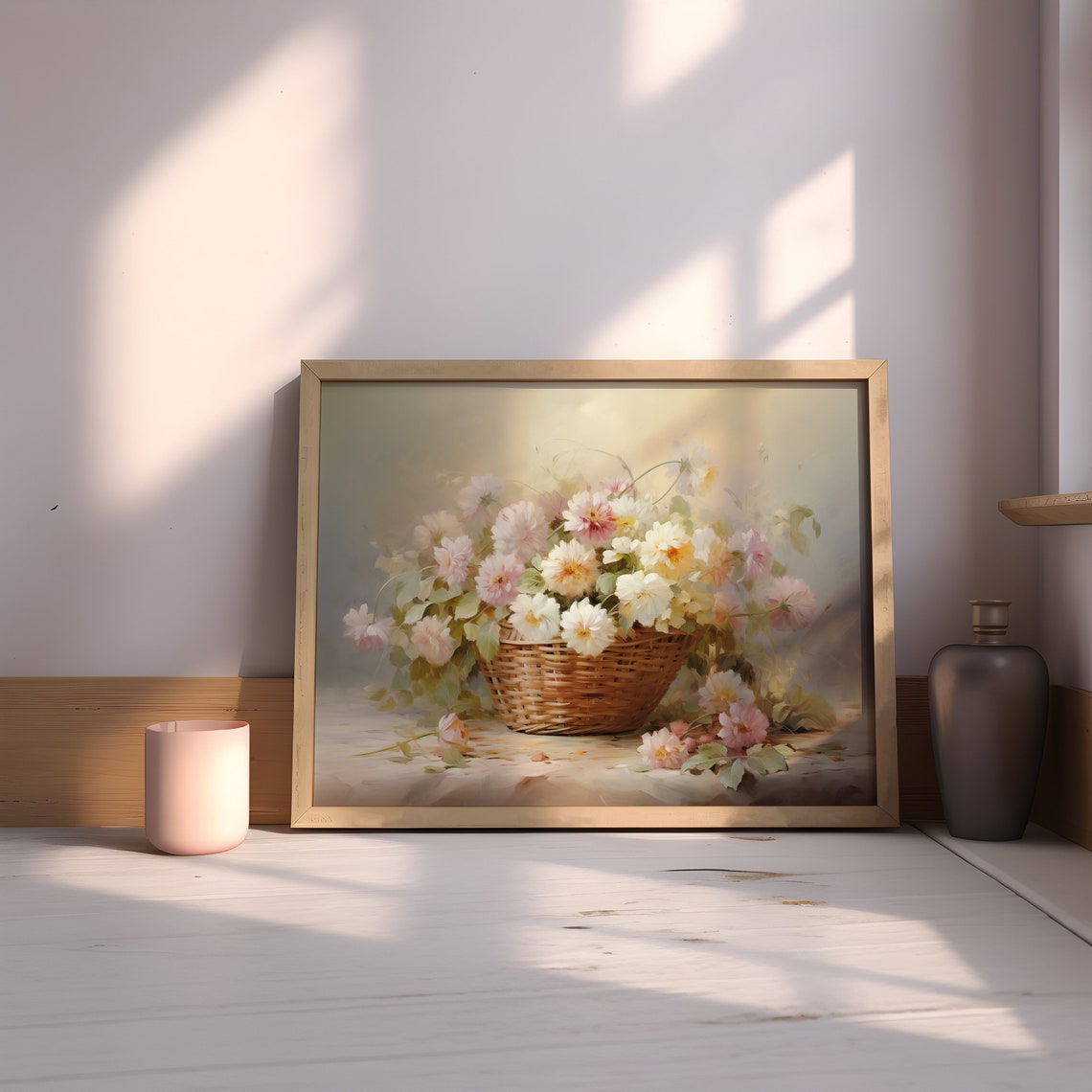 White Blush Flowers in Wicker Basket Soft Farmhouse Still Life Print - Image 2