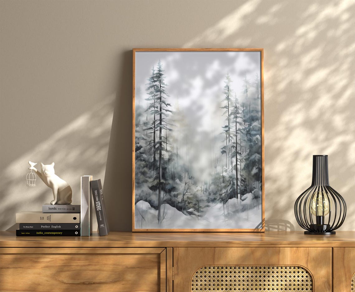 Snowy Forest Watercolor Tall Pines Misty Winter Landscape Poster - Image 2