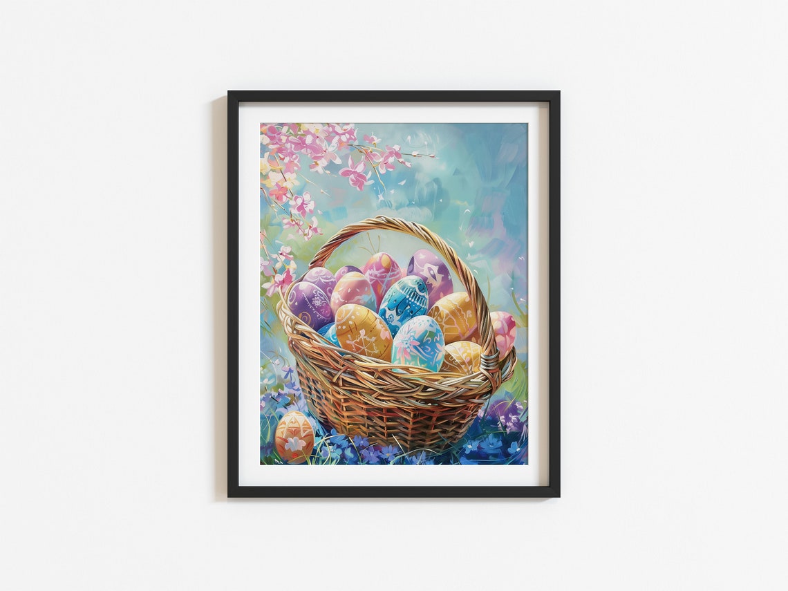 Painted Easter Egg Basket with Cherry Blossoms Spring Oil Print - Image 3