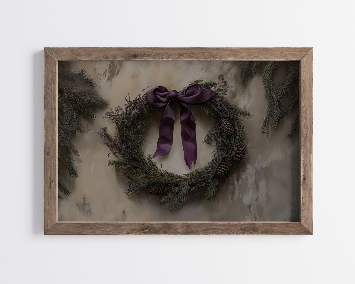 Rustic Christmas Wreath Purple Bow Pinecones Festive Holiday Poster - Image 3