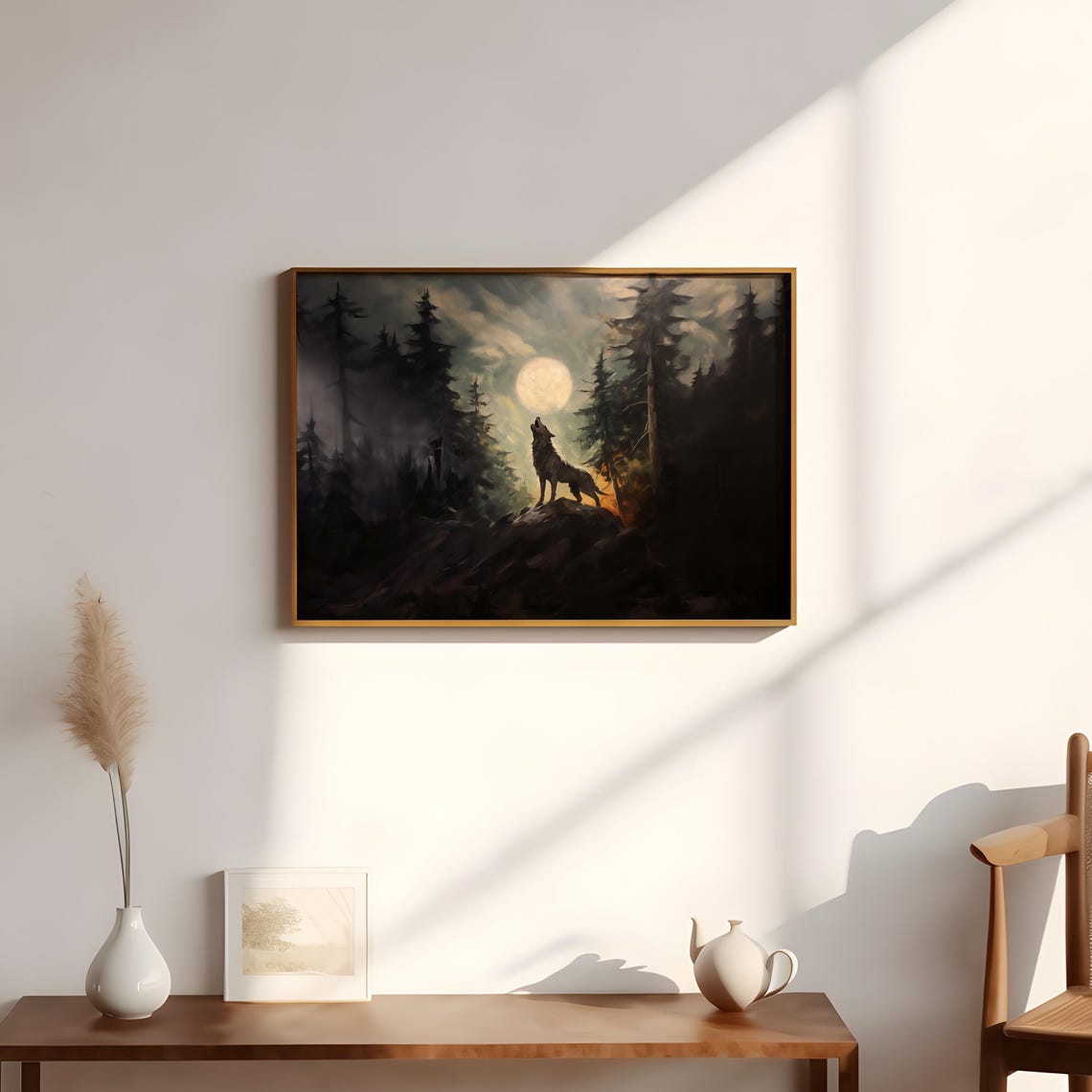 Howling Wolf Full Moon Night Pine Forest Misty Wildlife Art Poster - Image 3