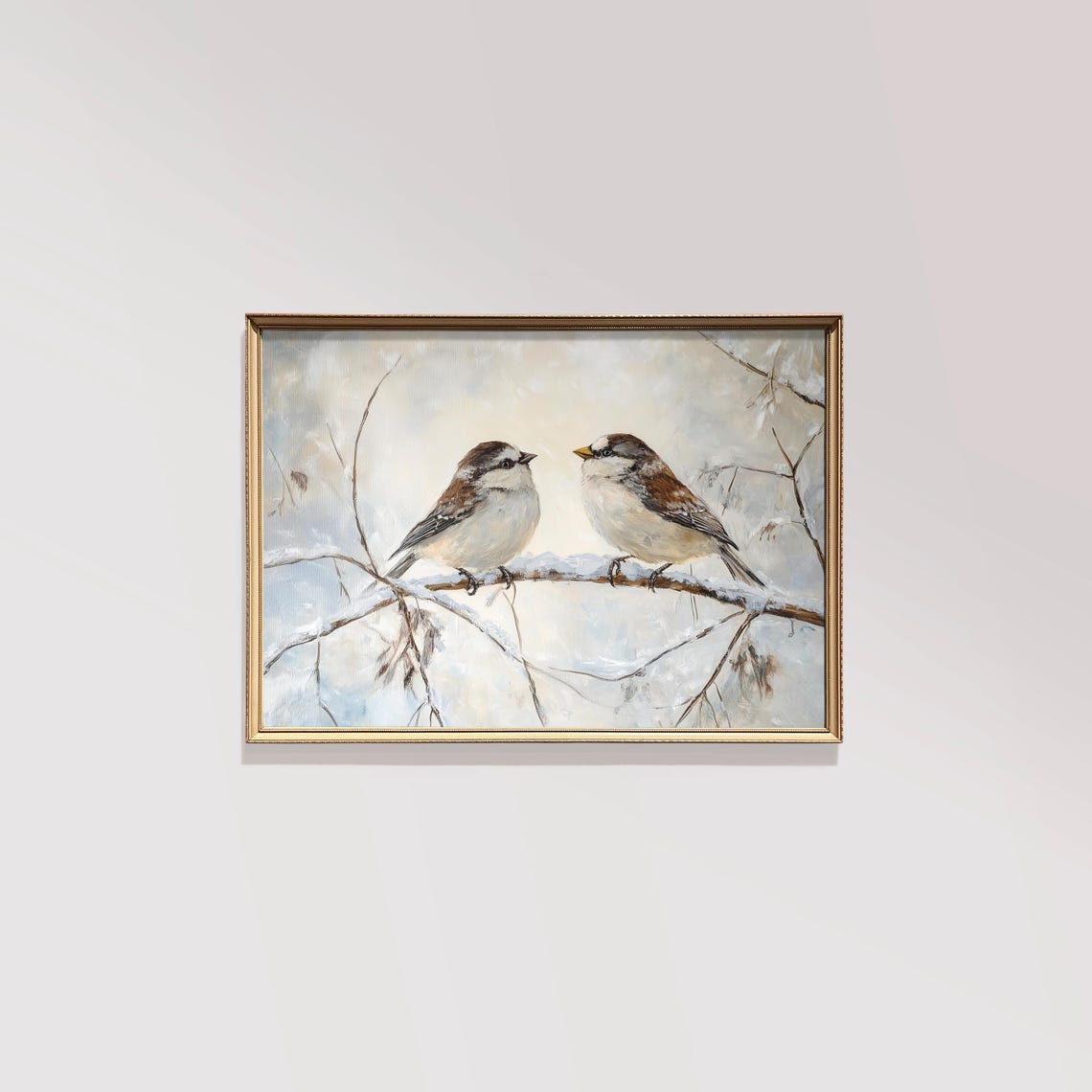 Sparrows on Snow Covered Branch Winter Songbirds Pair Wall Art - Image 2