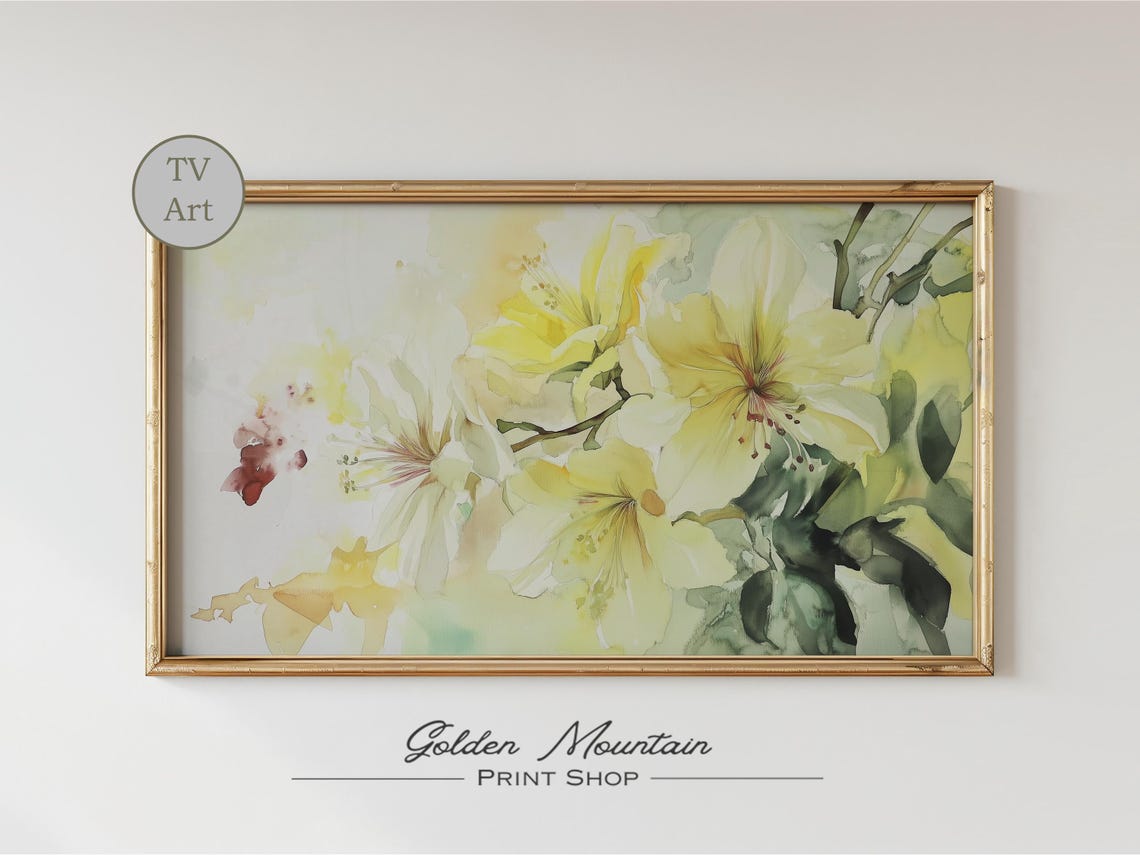 Yellow Lily Watercolor Bloom Bright Spring Frame TV Art Print - Image 2