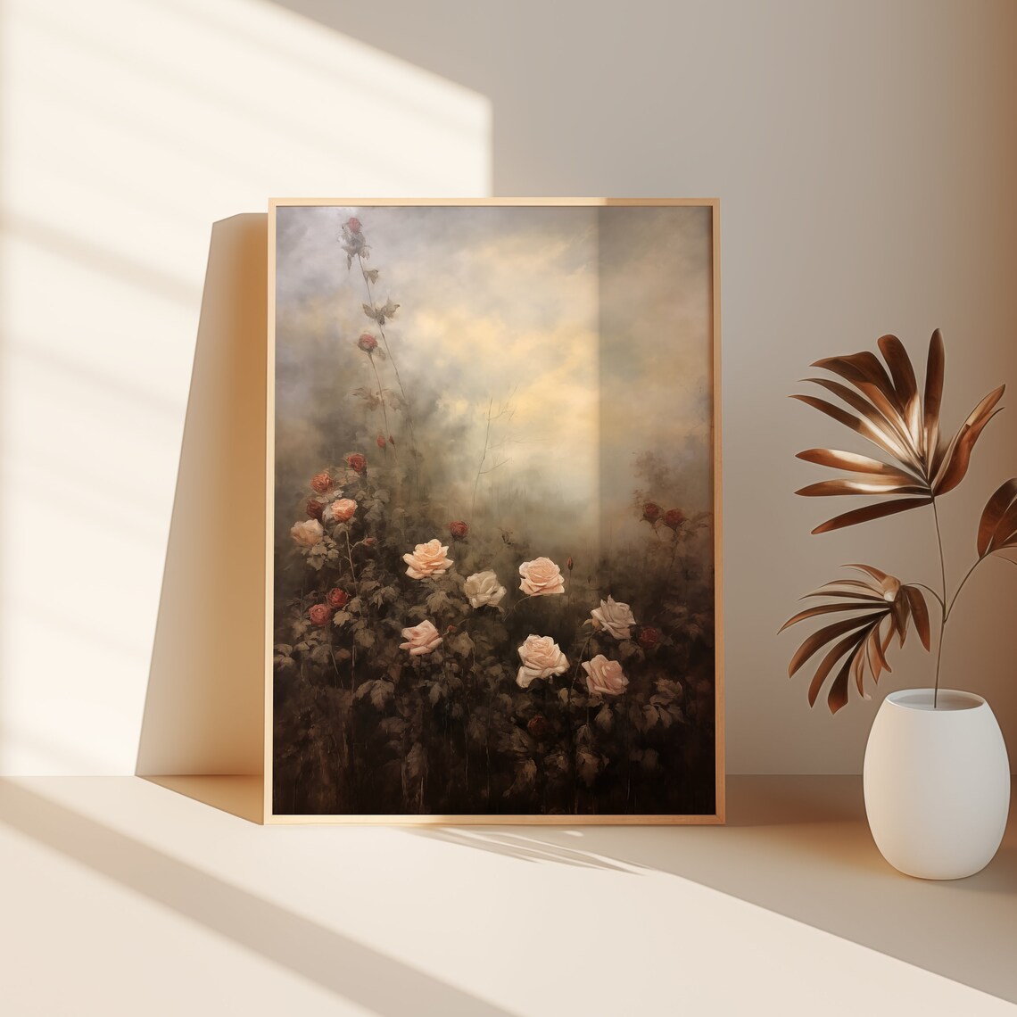 Moody Vintage Roses Cream and Red Dark Floral Oil Painting Style Poster - Image 3
